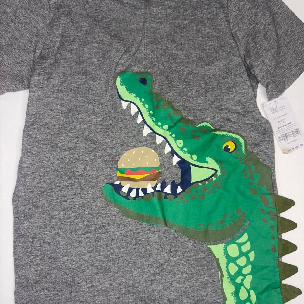 Carter's Gray T-Shirt with Green Dinosaur and Burger Graphic Sz 7